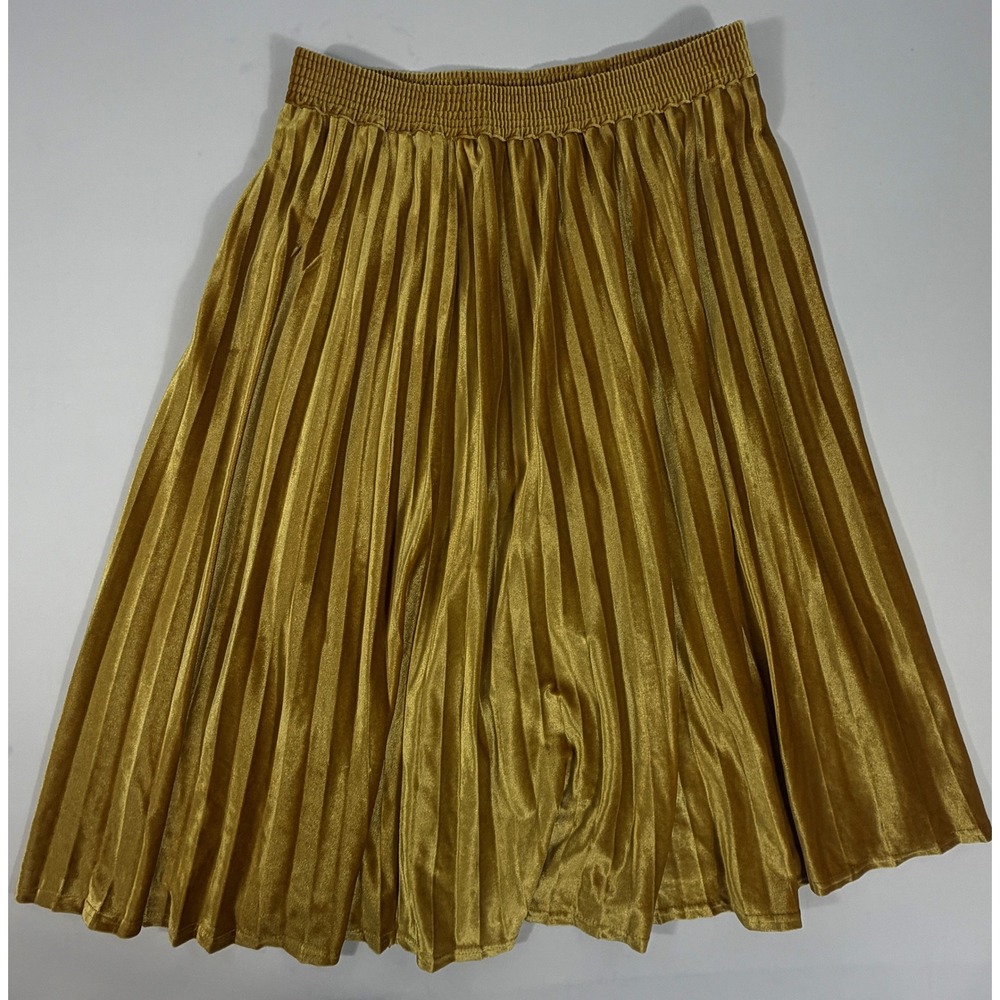 A New Day Pleated Velvet Skirt Women Medium Gold Excellent Accordion Midi